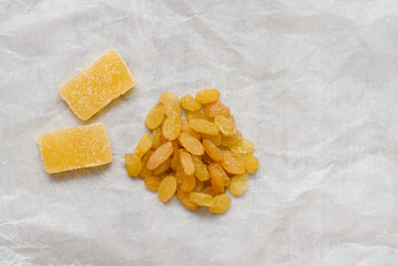 Oriental ingredients golden raisins and marmalade on white