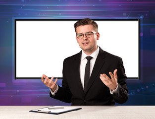 Television program host with big copy screen in his back concept