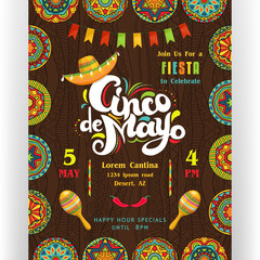 Cinco De Mayo announcing poster template with creative lettering, sombrero and maracas. - 200643594