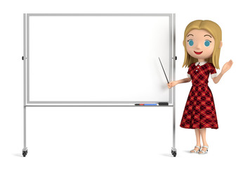 3D illustration character - A woman wearing a red one piece explains it with a white board.
