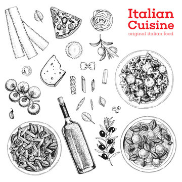 Italian cuisine sketch. A set of Italian dishes with pasta and meatballs, pizza, ravioli and ingredients. Food menu design template. Vintage hand drawn sketch vector illustration. Engraved image