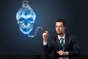 Businessman smoking with skull simbol above his head.