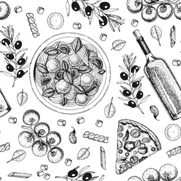 Italian cuisine seamless pattern. A set of Italian dishes. Food menu design template. Vintage hand drawn sketch vector illustration. Engraved image