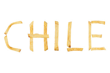 Word CHILE laid out of long sticks of fried french fries isolated on white background