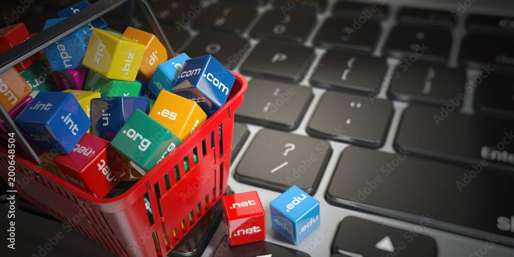Aufkleber Shopping basket with domain nameson computer keyboard. Internet communication and e-business concept.