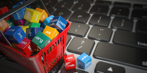 Shopping basket with domain nameson computer keyboard. Internet communication and e-business concept.