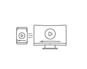 play video, screen mirroring with TV and smartphone vector line icon on white