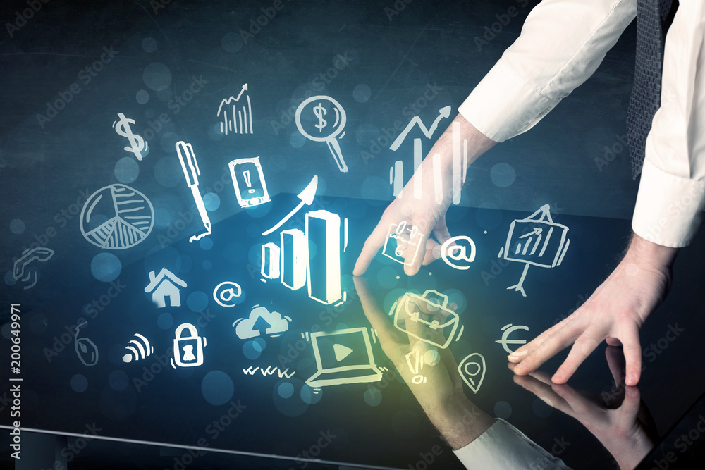 Poster Man touching technology smart table with business icons and symbols