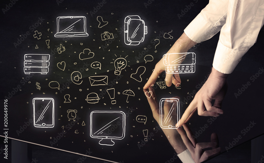 Poster Man pressing table tablet hand touch interface with media icons and symbols