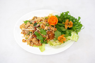 Yam Naem Khao Thot - Spicy Salad with fermented pork, vegetable and rice