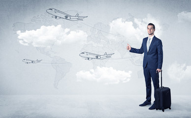 Businessman hitchhiking with flying airplanes cloud and map concept
