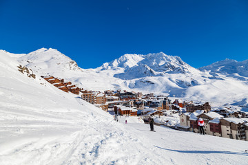 VAL THORENS, FRANCE - JANUARY 24, 2018: View to ski resort Val Thorens from ski piste, Three Valleys