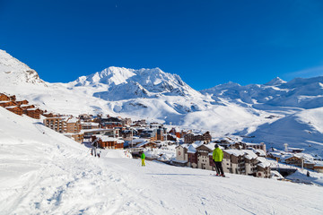 VAL THORENS, FRANCE - JANUARY 24, 2018: View to ski resort Val Thorens from ski piste, Three Valleys