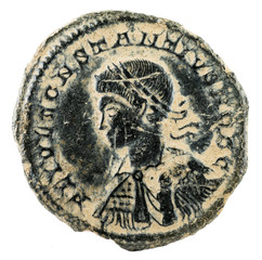 Ancient Roman copper coin of Emperor Constantius II. Obverse.
