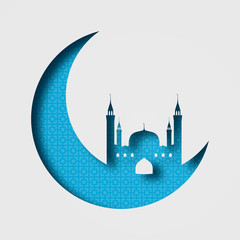 Ramadan Kareem, mosque on the moon. Blue tones, with a pattern. Paper style. Volumetric abstract illustration with shadows. 10 eps