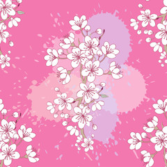 Seamless pattern  with sakura. Hand drawn spring blossom trees.