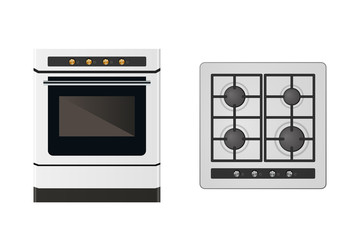 Kitchen gas stove. Cooking food equipment. Vector illustration. Front and top view.
