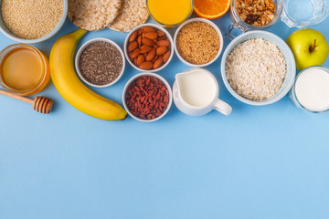 Useful breakfast on a blue pastel background
