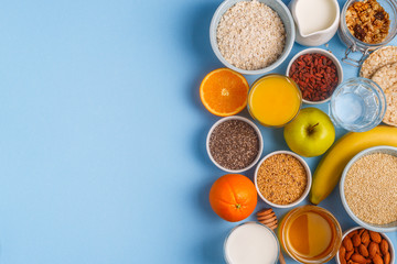 Useful breakfast on a blue pastel background