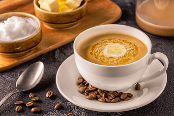 Bulletproof coffee, blended with organic  butter and MCT coconut oil