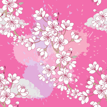 Seamless pattern with sakura. Hand drawn spring blossom trees. © Natalia Piacheva