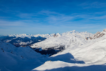 Fototapeta na wymiar Winter Alps landscape from ski resort Val Thorens. 3 valleys, France
