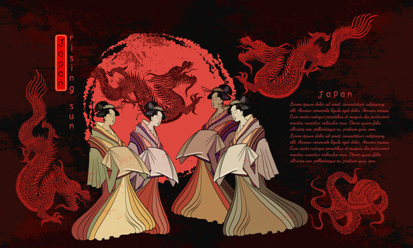 Japan art. Asian culture. Geisha and dragons. Traditional Japanese culture, red sun, dragons and geisha woman