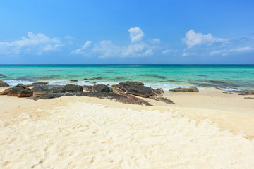 Beautiful beach and tropical sea and rocks in Thailand.