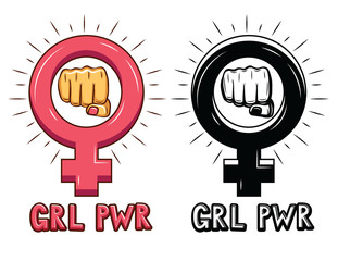 Vector hand drawn set of signs about woman's power. Poster "Girls power" with lettering isolated from white background