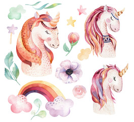 Isolated cute watercolor unicorn clipart with flowers. Nursery unicorns illustration. Princess rainbow poster. Trendy pink cartoon pony horse. © kris_art