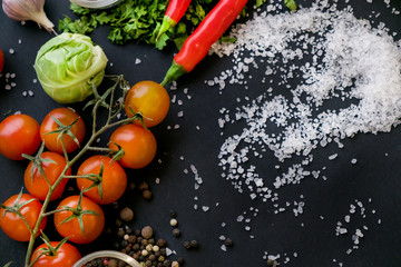Close up of colorful spices and fresh vegetables for cooking on dark metal background with space for text. Top view. Bio Healthy food ingredients.
