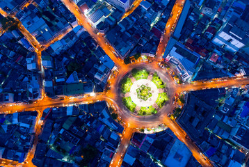 Bangkok Expressway top view, Top view over the highway,expressway and motorway at night, Aerial view interchange of a city, Shot from drone, Expressway is an important infrastructure in Thailand