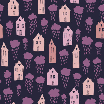 Seamless pattern with hand drawn houses and clouds with falling raindrops. Colorful background for fabric, wallpapers, gift wrapping paper, scrapbooking. Design for kids.