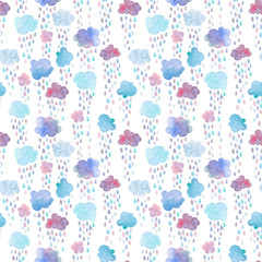 Seamless pattern with hand painted clouds and falling raindrops. Colorful watercolor illustration isolated on white background.