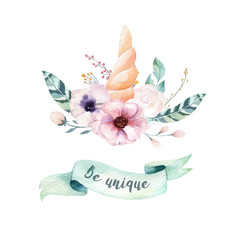 Isolated cute watercolor unicorn clipart with flowers. Nursery unicorns illustration. Princess rainbow poster. Trendy pink cartoon pony horse.