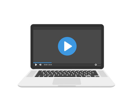 Video on laptop vector illustration, online webinar concept, idea of tutorial watching, e-learning.