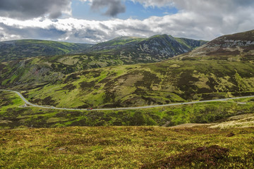 Scottish landscape. Cairngorm Mountains and Old Military Road A93. Royal Deeside between Braemar and Ballater. Glen Shee, Aberdeenshire, Scotland, UK. 