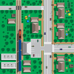 Map of the city to the train station and the train. View from above. Vector illustration.