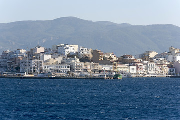 Fototapeta na wymiar Agios Nikolaos harbour viewed from the Gulf of Mirabello, Crete, Greece