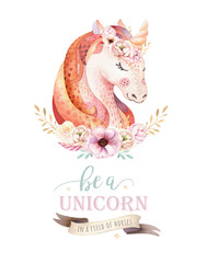 Isolated cute watercolor unicorn clipart with flowers. Nursery unicorns illustration. Princess rainbow poster. Trendy pink cartoon pony horse.