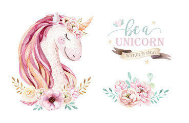 Isolated cute watercolor unicorn clipart with flowers. Nursery unicorns illustration. Princess rainbow poster. Trendy pink cartoon pony horse. © kris_art