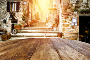 Desk of free space and tuscany landscape 