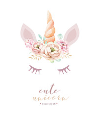 Isolated cute watercolor unicorn clipart with flowers. Nursery unicorns illustration. Princess rainbow poster. Trendy pink cartoon pony horse. © kris_art
