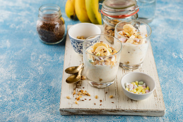 Breakfast of yoghurt, bananas and granola