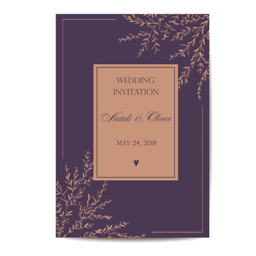 Wedding invitation lilac with twigs and leaves vector. Template for your holiday.