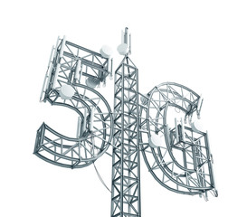 Base station antenna for mobile communication, made in the form of a 5G symbol. 3D illustration isolated on white background.