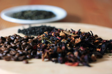 Herbal tea and coffee beans