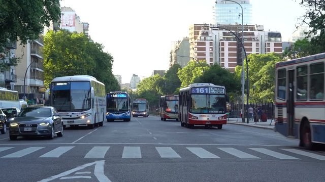 Buenos Aires, Argentina - December 29, 2017: City buses Buenos Aires. Bus traffic near the Italian square