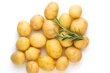 New potato and rosemarin isolated on white background close up.