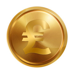 Image of a coin with a bank pound sterling sign on a white background, isolate. The bank symbol is pound sterling. Symbols of currencies, illustrations, 3d. Business.